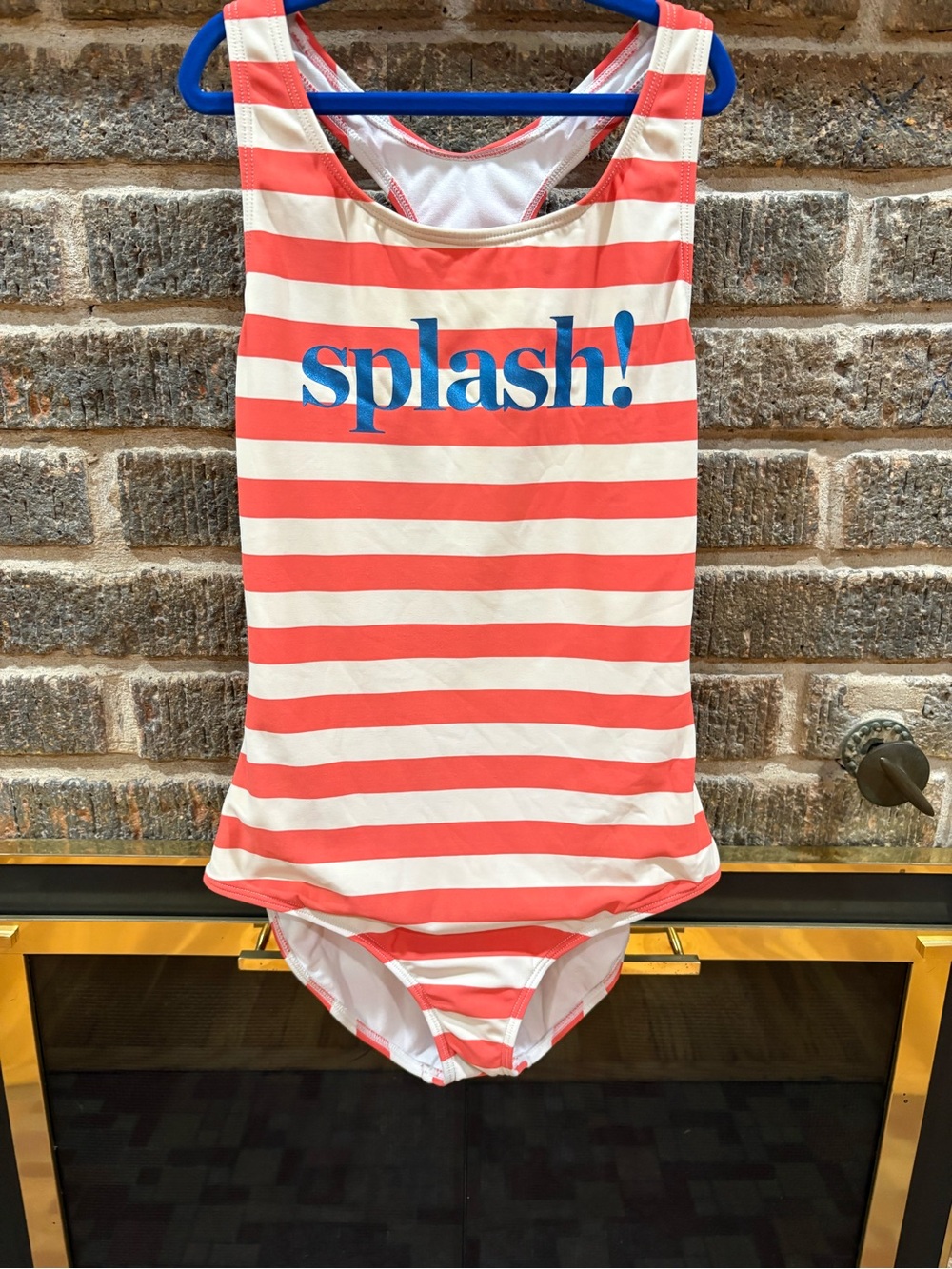 Mini Boden Coral and White Striped One-Piece with Blue "splash!" Graphic